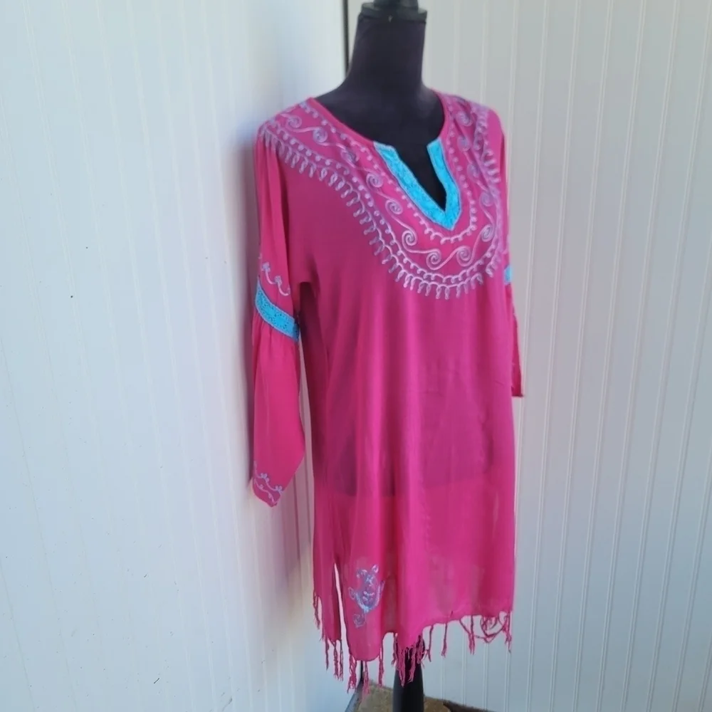 Blue Island Beach Hot Pink Blue Dress Swim Cover Up Tassel Pom Crochet Sz M